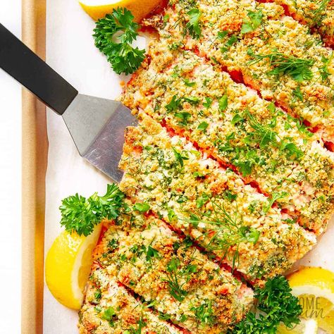 Garlic Parmesan Crusted Salmon Recipe | Wholesome Yum Rainbow Trout Recipe, Cod Fish Recipes Baked, Lemon Baked Cod, Oven Baked Salmon Recipes, Keto Favorites, Crusted Salmon Recipes, Trout Recipe, Parmesan Crusted Salmon, Smothered Pork Chops Recipe