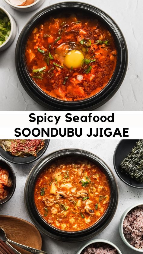 Make a cozy pot of bubbling Korean Tofu Soup or Soondubu Jjigae! Add frozen seafood for an easy but indulgent weeknight dinner. Serve with rice and kimchi for a complete meal and the ultimate in Korean comfort food! Korean Seafood Soup, Korean Fish Stew, Tofu Soup Korean, Korean Tofu Soup, Soondubu Recipe, Soondubu Jjigae, Jjigae Recipe, Rice Cake Soup, Korean Soup