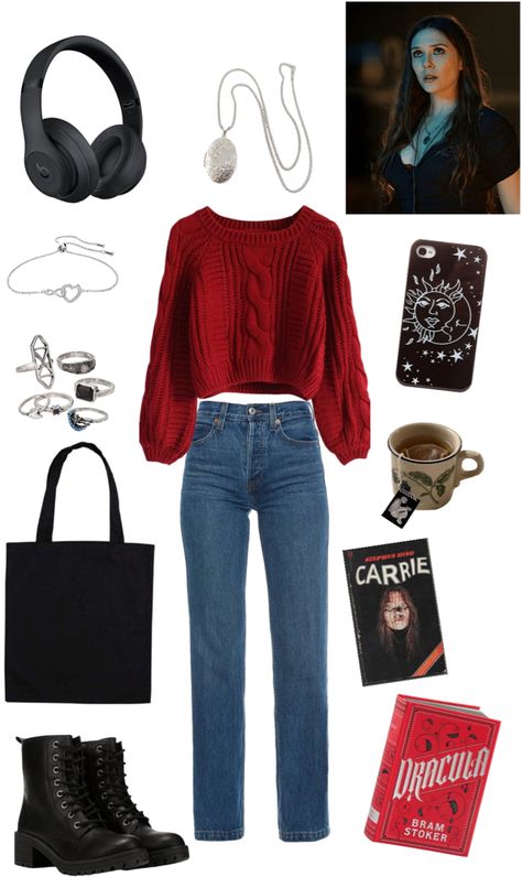 Wanda Maximoff Outfit, Carrie Book, Book Png, Nerdy Outfits, Outfit Polyvore, Movie Inspired Outfits, Look Formal, Casual Cosplay, Black Combat Boots