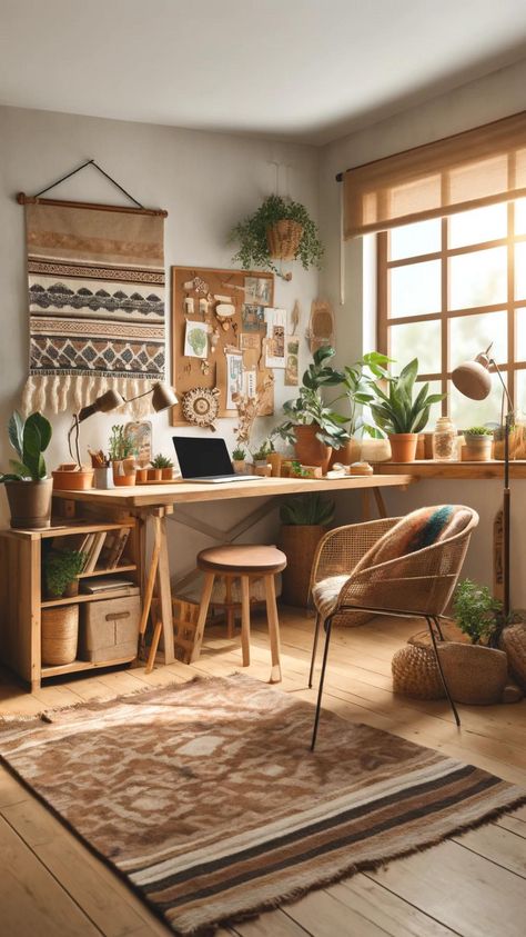 Create a cozy office space with bohemian trends for your feminine home office. Mix boho style room elements with scandi boho interiors for a chic workspace. Use office organization tips and cozy room decor to keep your office functional and beautiful. Perfect for a stylish home office makeover.  #femininehomeoffice #bohemiantrends #bohostyleroom #scandibohointerior #homeofficeforwomen #cozyroomdecor #officedecor #femininedecor #officeorganization #decoration Studio Boho Decor, Home Therapist Office, Eclectic Desk Decor, Cozy Office At Work, Cozy Office Aesthetic, Earthy Office Decor, Therapist Office Aesthetic, Boho Office Space Workspaces, Cozy Office Decor