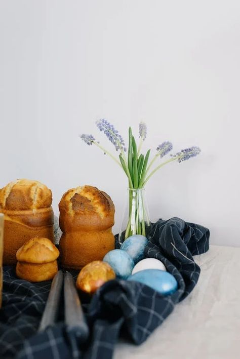 Still Life With Muffins Easter Eggs and Flowers · Free Stock Photo Easter Dining Table, Easter Inspiration Decor, Easter Scene, Aesthetic Easter, Ukrainian Language, Happy Easter Wishes, Easter Bread, Painted Eggs, Decorated Eggs