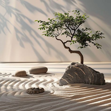 Zen Garden with Bonsai Tree Airy Bathroom, Zen Wedding, Indoor Garden Rooms, Garden At Home, Warehouse Design, Garden Bugs, Minimalist Color, Japanese Minimalism, Peaceful Living