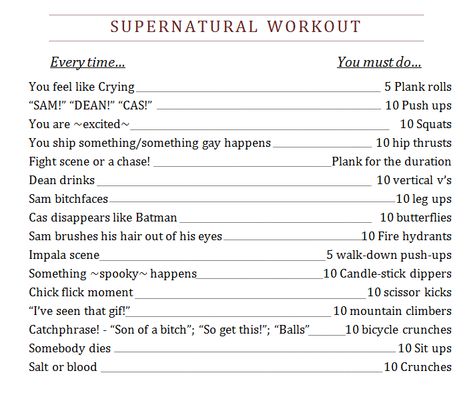 Supernatural workout Show Workouts, Supernatural Workout, Sixteen Candles Movie, Tv Show Workouts, Movie Workouts, Tv Workouts, Sixteen Candles, Supernatural Wallpaper, Supernatural Pictures