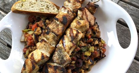 Grilled Swordfish Skewers with Tomato-Scallion Caponata Swordfish Skewers, American Test Kitchen, Grilled Swordfish, Summer Dishes, America's Test Kitchen, Mediterranean Cuisine, Eggplant Recipes, Cuisine Recipes, Mediterranean Diet Recipes