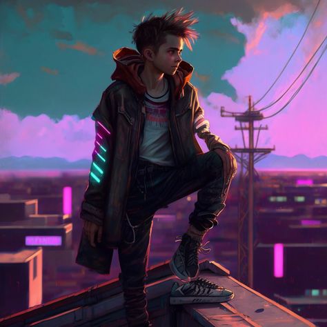 Quentin the brave standing on a rooftop, full body, young boy row character, brown hair, high details, cyberpunk, neon style::2 --no cartoon::3 –q 2 –ar 3:2 --seed 4255598473 Cyberpunk Outfit Male Neon, Cyberpunk Outfit Male, Cyberpunk Netrunner, Sci Fi Magic, Cyberpunk Boy, Cyberpunk Character Design, Profile Photo Ideas, Cyberpunk Male, Punk Character