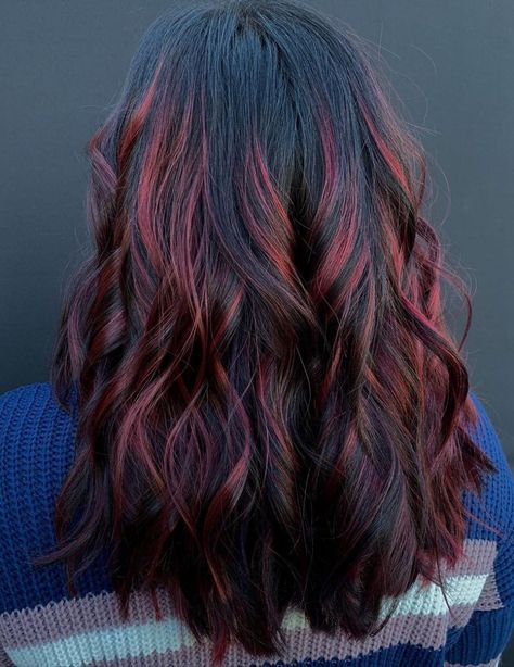 50 New Red Hair Ideas & Red Color Trends for 2020 - Hair Adviser Long Brown Hair Red Highlights, Dark Hair With Red Highlights, Red Highlights On Black Hair, Hair Ideas Red, Pinkish Brown Hair, Pinkish Red Hair, Black Hair With Red Highlights, Red Hair Ideas, Red Highlights In Brown Hair