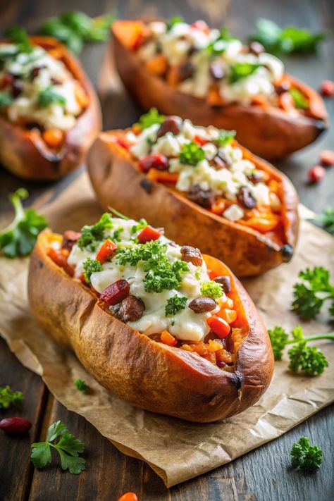 Flavorful Stuffed Sweet Potatoes Baked Stuffed Sweet Potato Recipes, Black Bean Stuffed Sweet Potato, Taco Stuffed Sweet Potato, Vegan Stuffed Sweet Potato, Mexican Stuffed Sweet Potatoes, Potato Photography, Vegan Sweet Potato Recipes, Sweet Salsa, Vegan Fajitas