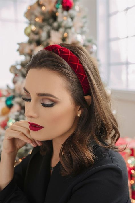 Elegant loose waves styled with a rich red velvet headband, offering a timeless and chic holiday look. The headband adds a festive yet sophisticated touch, perfect for both casual gatherings and formal holiday events. Hairstyle With Headband, Second Day Hair, Second Day Hairstyles, Chic Holiday, Voluminous Hair, Holiday Events, Velvet Headband, Holiday Hairstyles, Second Day