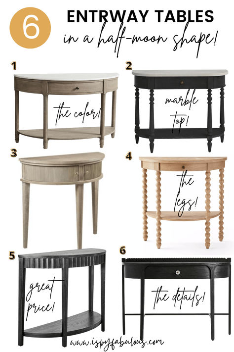 Looking for an entryway table or console table for styling or storage? I found 18 gorgeous console tables from half-moon size to large styles with storage. Click the link to head to the blog to see all the pictures and links. Half Moon Console Table Decor, Half Round Console Table, Half Moon Console Table Entryway, Half Moon Entry Table, Semicircle Table, Entry Table With Mirror, Stair Landing Decor, Foyer Console Table, Chic Entryway