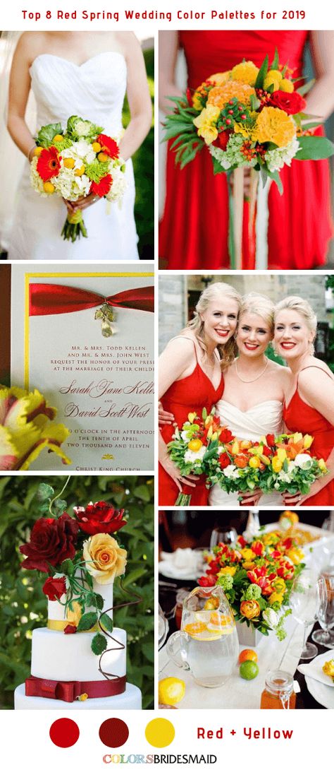 Top 8 Red Spring Wedding Color Palettes for 2019 -No.2 Red and Yellow #colsbm #bridesmaids #weddings #weddingideas #springwedding b616 Red Spring Wedding, Rose Pink Bridesmaid Dresses, Spring Wedding Bridesmaids, Wedding Color Schemes Spring, Spring Wedding Color Palette, Wedding Color Palettes, Wedding Colors Red, Coral Bridesmaid Dresses, Wedding Color Combos