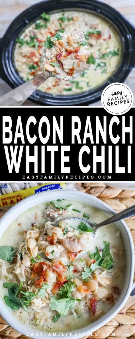 Bacon Ranch White Chicken Chili · Easy Family Recipes White Chicken Chili With Bacon, Chicken Bacon Ranch Chili, Bacon Chili Recipe Crockpot, White Chicken Chili Great Northern Beans, White Sausage Chili, Unique Crockpot Chili, Easy Freezable Meals, Ranch Chicken Chili, Ranch Chili