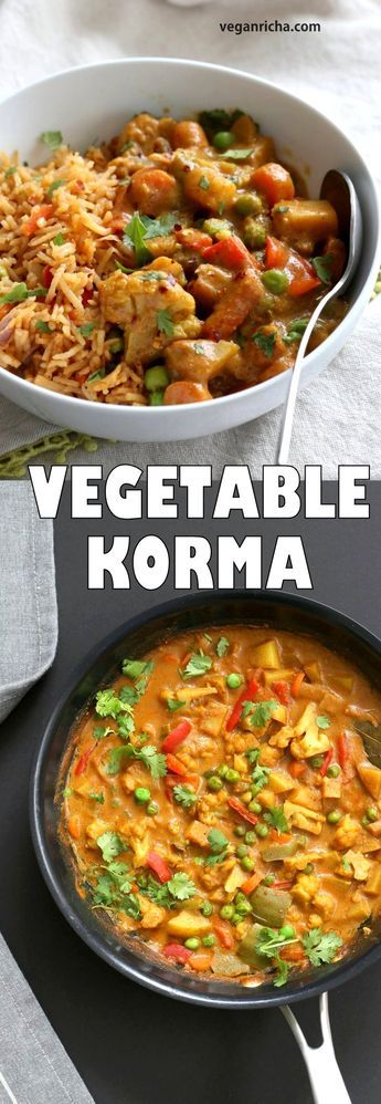 Vegetable Korma - Veggies in Spiced Ginger Chile Sauce. Creamy Indian Korma Recipe made without Onion and garlic. Vegan Indian Gluten-free Soy-free  Can be made nut-free. No Onion No Garlic Recipe. #vegan #veganricha Veggie Korma, Vegetable Korma Recipe, Korma Sauce, Vegetable Korma, Korma Recipe, Vegan Richa, Chile Sauce, Garlic Recipes, Indian Dishes