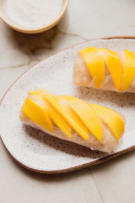 Rice Paper Ideas, Mango Coconut Sticky Rice, Freezer Desserts Recipes, Mango Sticky Rice Recipe, Coconut Sticky Rice, Unbound Wellness, Sweet Sticky Rice, Rice Wraps, Rice Rolls