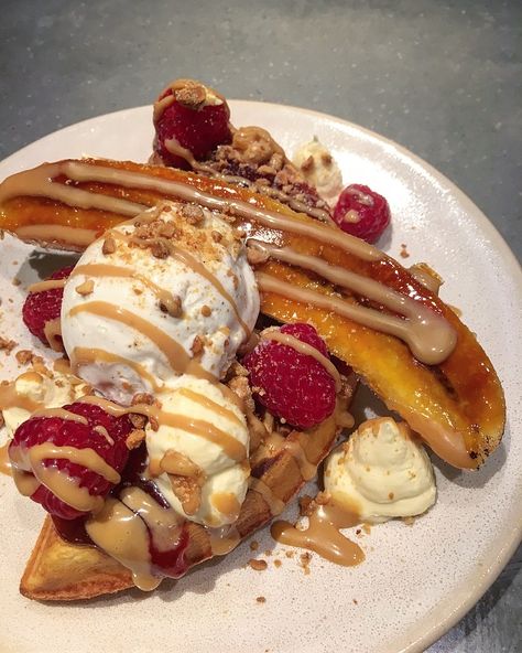 Elvis Dessert Waffles | Southern FATTY Peanut Butter Raspberry, Peanut Crunch, Dessert Waffles, Waffle Ingredients, Crispy Waffle, Raspberry Ice Cream, Big Appetite, Vanilla Whipped Cream, Chicken And Waffles