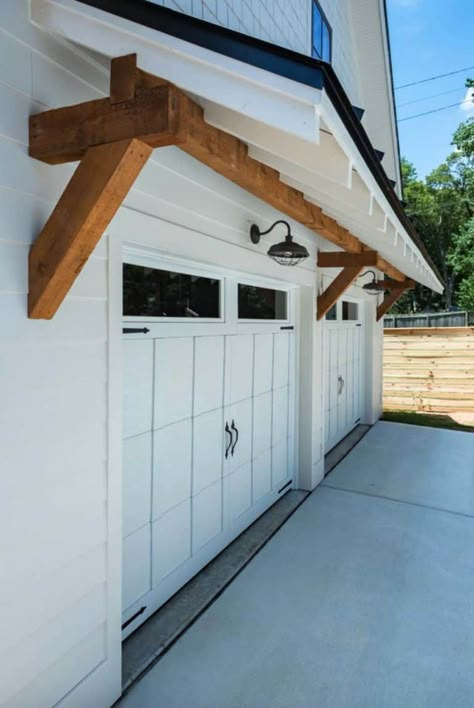 Step inside a gorgeous North Carolina modern farmhouse of our dreams Farmhouse Garage, Garage Exterior, Garage Door Design, Pintura Exterior, Revere Pewter, Door Awnings, Exterior Paint Color, Casa Exterior, Modern Farmhouse Exterior