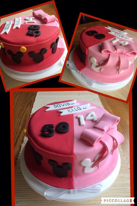 Half Mickey/half Minnie birthday cake for father and daughter Double Themed Birthday Cake, Father Daughter Cake, Cake For Father, Minnie Birthday Cake, Birthday Cake For Papa, Computer Cake, Birthday Cake For Father, Bday Decor, Minnie Mouse Birthday Party Decorations