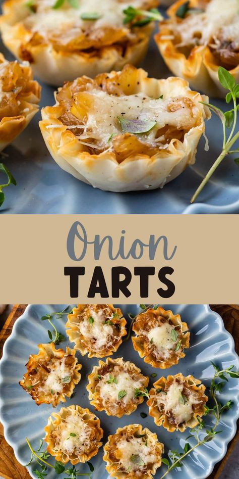 Mini Onion Tarts are bites of french onion tart in phyllo dough - this is the perfect easy appetizer recipe for a party! French Onion Phyllo Cups, Mini Onion Tart, Mini Philo Cup Recipes, Tartlet Appetizer Recipes, French Onion Tarts, Mini Tarts Savory Appetizers, Phillo Puff Pastry Cup Appetizers, French Onion Tartlets Recipe, Onion Tartlets Appetizers