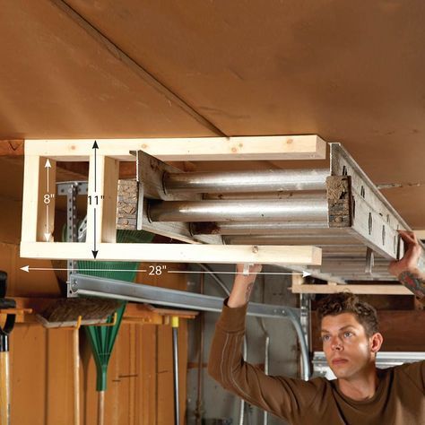 An extension ladder is one of the most difficult things to store. When you need to use it, it has to be easy to get to. But there are long stretches when it just gets in the way of everything else in your garage. Here's a good solution: Mount it on your garage ceiling on sturdy racks made of scrap 2x4s that are screwed into the ceiling joists. Use two 3-1/2-in. screws at each joint to make the rack secure. These racks make it easy to slide the ladder out when you need it. Just make sure to p... Ladder Storage, Garage Organize, Garage Shed, Diy Garage Storage, Garage Shelving, Garage Tools, Garage Shop, Family Handyman, Diy Home Repair