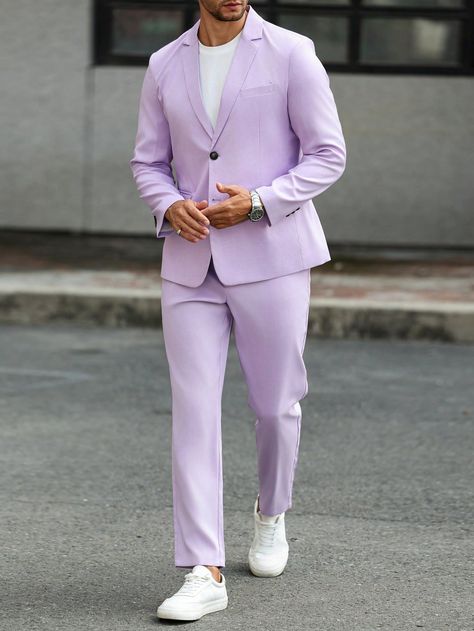 2pcs Men's Solid Color Suit Set - Jacket & Pants Mauve Purple Work    Plain  Non-Stretch  Men Clothing, size features are:Bust: ,Length: ,Sleeve Length: Dark Purple Mens Suit, Pink Outfits For Guys, Lavender Suit Men, Prom Outfits Men, Lavendar Dress, Black Mens Fashion Suits, 1st Photoshoot, Lavender Suit, Purple Work