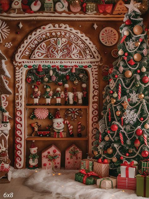 Gingerbread House Christmas Backdrop - Festive gingerbread house Christmas backdrop featuring intricate icing designs Gingerbread House Fireplace, Gingerbread Window Decorations, Gingerbread Fireplace Mantle, Inside A Gingerbread House, Bakery Christmas Decor, Christmas Gingerbread House Decorations, Gingerbread Themed Christmas Decor, Gingerbread House Tree, Icing Patterns