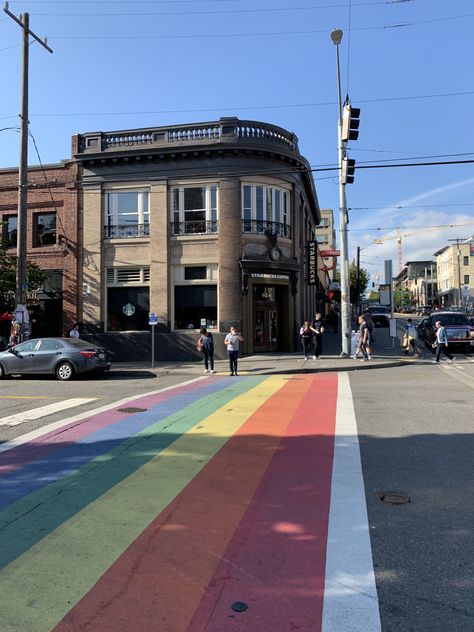 Capital Hill, Seattle Washington. Be sure to walk down Broadway for miles of great restaurants and bars with Seattle’s charm. At this time there are 11 rainbow crosswalks that were installed for pride. Capital Hill Seattle, Seattle Life, Seattle Washington Aesthetic, Seattle Aesthetic, Capitol Hill Seattle, Seattle Pride, Seattle Street, Moving To Seattle, West Seattle