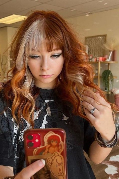 Ginger And Coloured Hair, Copper And Blonde Hair With Bangs, Copper And Brown Split Dye, Copper Halo Hair, Copper And Blonde Hair Split, Copper Calico Hair, Copper And Blonde Split Dye, Copper Hair And Blonde, Copper Hair Blonde Bangs