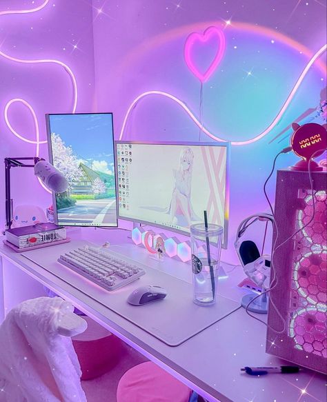 girly gaming setup with pretty neon lights💖💜💙 Girly Gaming Aesthetic, Korean Gaming Room, Starter Gaming Setup, Female Gamer Setup, Feminine Gaming Setup, Neon Gaming Setup, Girly Computer Desk Setup, Girly Gaming Setup Aesthetic, Girly Gamer Setup