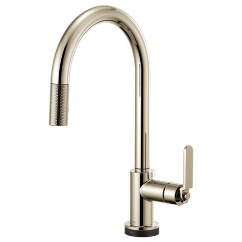 Litze® | SmartTouch® Pull-Down Faucet with Arc Spout and Industrial Handle Polished Nickel Kitchen Faucet, Polished Nickel Kitchen, Nickel Kitchen Faucet, Brizo Litze, Nickel Faucet, Bar Faucets, Industrial Space, Urban Industrial, Cabinet Ideas