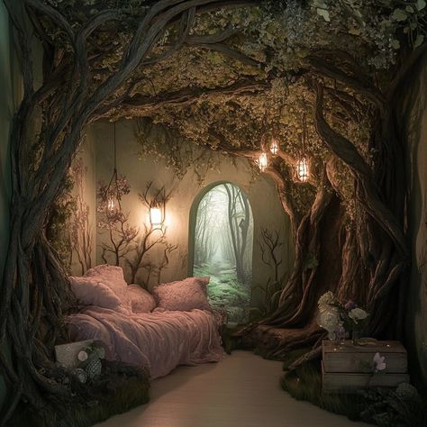 Forest Themed Furniture, Enchanted Forest Aesthetic Room, Fantasycore Room, Magical Forest Bedroom, Fantasy Themed Room, Forest Room Aesthetic, Enchanted Forest Mural, Fantasy Room Decor, Enchanted Forest Room