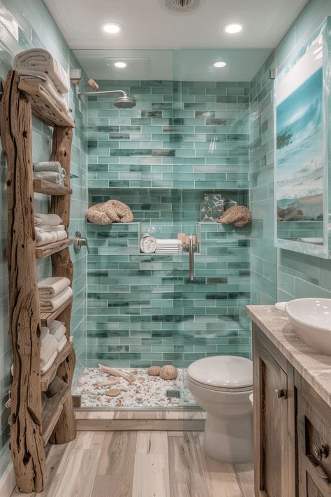 38+ Coastal Bathroom Ideas to Create Your Own Seaside Retreat Beach Blue Bathroom, Beach Cottage Style Bathroom, Restroom Theme Ideas, Beach Spa Bathroom, Driftwood Bathroom Ideas, Cute Coastal House, Coastal Farmhouse Master Bath, Diy Beach House Decor, Beach Farmhouse Bathroom