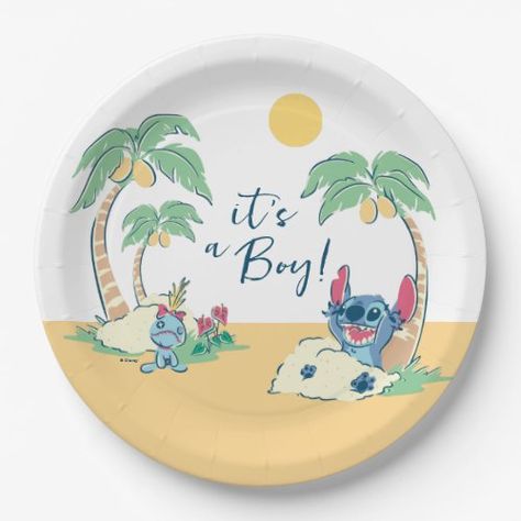 $2.25 | Lilo and Stitch Beach | Boy Baby Shower #lilo and stitch, lilo, disney, its a boy, boy baby shower, disney baby shower, lilo and stitch baby shower, beach, tropical, summer Lilo And Stitch Beach, Baby Shower Gift Favors, Unique Baby Shower Themes, Birthday Paper Plates, Disney Baby Shower, Beach Boy, Birthday Paper, Simple Baby Shower, Beach Birthday