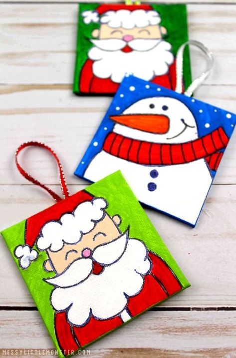 Mini Canvas Christmas Ornament Craft Mini Canvas Christmas Ornaments, Ornament Craft Kids, Mini Canvas Christmas, Christmas Art For Kids, Magnet Ideas, Preschool Christmas Crafts, Ornament Craft, Craft Kids, Magnet Crafts