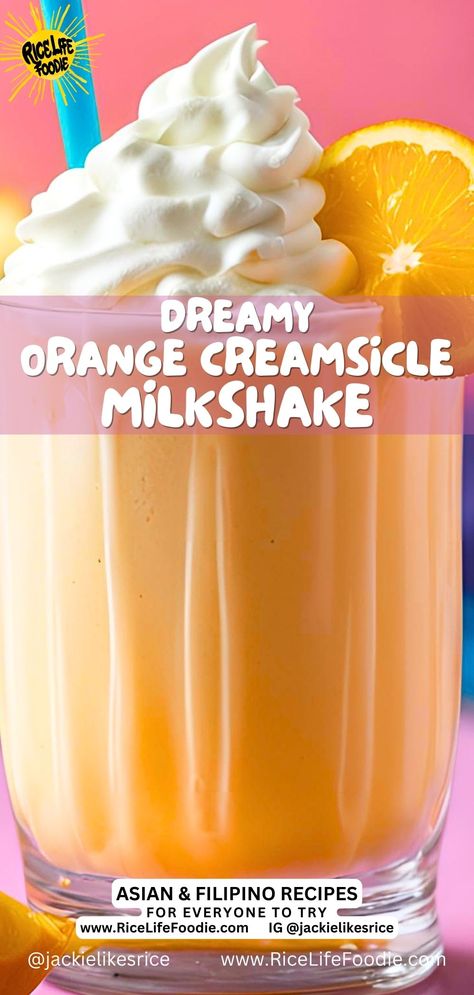 Orange Creamsicle Milkshake is a Frosty Dream | Rice Life Foodie Milkshake Recipe Vanilla, Creamsicle Milkshake Recipe, Orange Creamsicle Milkshake, Creamsicle Ice Cream Recipe, Orange Creamsicle Drink, Creamsicle Milkshake, Creamsicle Drink, Orange Creamsicle Smoothie, Yummy Milkshake Recipes