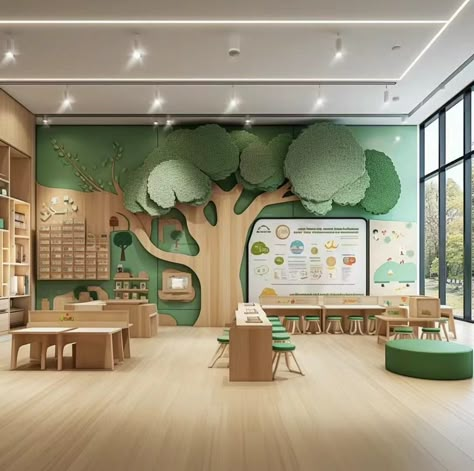 Cute Daycare Ideas, Kindergarten Interior Design Classroom Ideas, Classroom Kindergarten Design, Modern Daycare Design Exterior, Kindergarden Decoration Room, Kindergarten Interior Design Classroom, Kindergarten Reception Design, Preschool Design Interior, Kids Clinic Interior Design