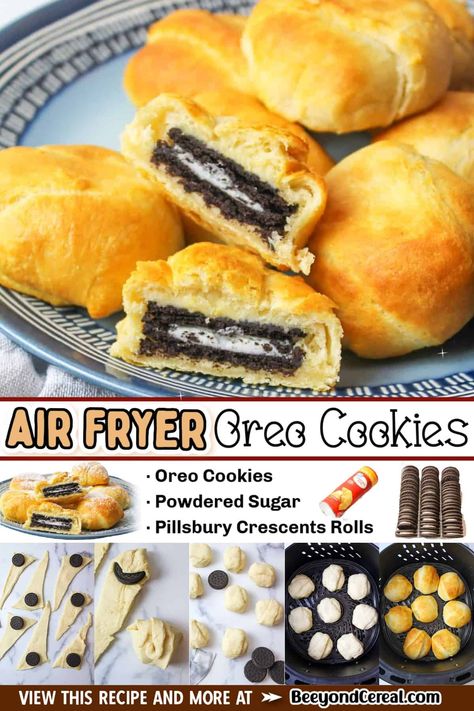 Hotel Air Fryer Recipes, Air Fry Oreo Cookies, Air Fry Dumplings, Oreo Crescent Rolls, Air Fry Oreos, Air Fry Cookies, Air Fryer Deserts Easy, Air Fryer Oreos Biscuits, Airfryer Oreos