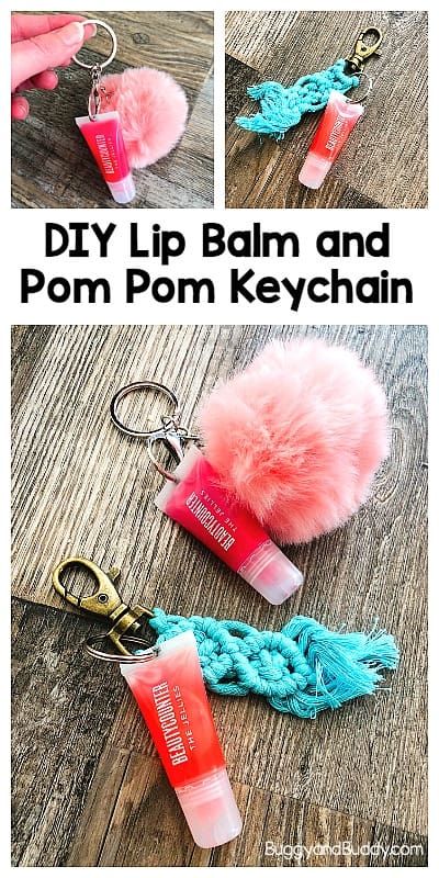 DIY Pom Pom and Lip Balm or Lip Gloss Keychain Craft for Kids (Especially Tweens and Teens)- These homemade gifts are perfect for birthday parties, Christmas and holiday gifts for friends, Mother's Day and teachers too! #craftsforkids #kidscrafts #DIY #Diygifts #buggyandbuddy #tweencrafts #teencrafts #beautycounter #nontoxicmakeup #cleanmakeup via @https://www.pinterest.com/cmarashian/boards/ Homemade Keychains, Lip Gloss Keychain, Macrame Tassels, Holiday Gifts For Friends, Diy Keychains, Natural Lip Gloss, Handmade Gifts For Friends, Cool Keychains, Keychain Craft