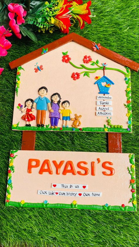 Customize Family nameplate for your home. Keep supporting handmade.🙏😇🙌 Recreated this beautiful piece for our client. #Homedecortion #photoframe #Homedecor It can be customized as per requirements. we have used wooden base and made using Lamasa air dry clay and oil paint. 😍😍😍 #fevicrylhobbyideas #clayartwork #nameplatesforhome #nameplate #indianart #Homedecortion #instagood #instagram #HobbyIdeas #Familyportrait #handmadegift #lamasaart #airdryclay #HobbyIdeas #acrylicpainting #acrylic Lipan Art, Wooden Name Plates, Name Plates For Home, Kids Party Wear Dresses, Name Plate Design, Kids Party Wear, Name Boards, Stick Crafts, Reference Pics