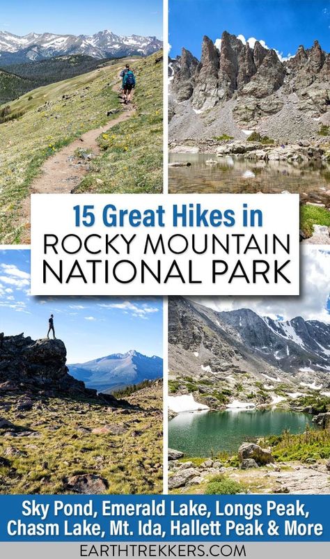 Best hikes in Rocky Mountain National Park. Includes Bear Lake, Emerald and Dream Lakes, Hallett Peak, Longs Peak, Chasm Lake, Sky Pond, Continental Divide Trail to Mt. Ida, Gem Lake, and more. Continental Divide Trail, Colorado National Parks, Hiking Ideas, Longs Peak, Rocky Mountain National Park Colorado, Hiking Places, Colorado Adventures, Estes Park Colorado, Colorado Vacation