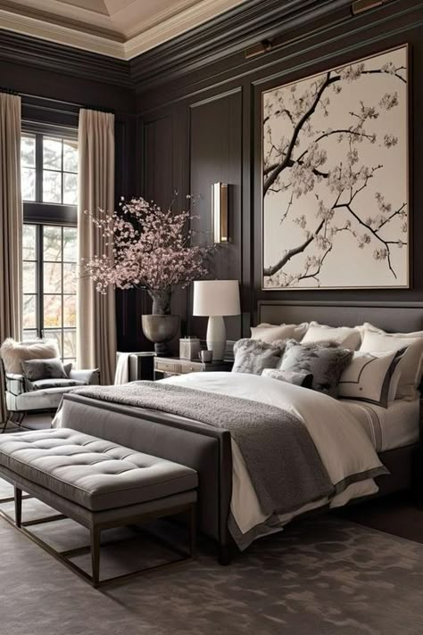 Ideas For Wall Behind Bed, Cozy Bedroom Lighting Ideas, Island Configurations, Wallpaper Behind Bed, Moody Bedroom Ideas, Creative Bedroom, Bedroom Refresh, Wooden Chair, Minimalist Bedroom