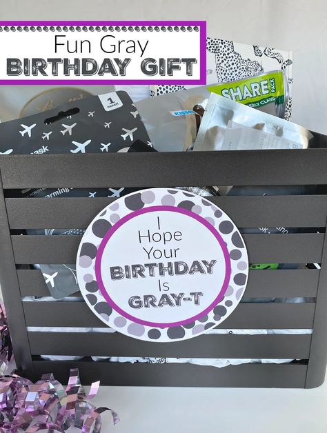 Fun Birthday Gift. This gray themed gift is the perfect friend gift, or for anyone who loves gray. #fungift #graygift #fungiftidea 1sr Birthday, Tickled Pink Gift, Handmade Wrapping Paper, Punny Gifts, Creative Holiday Gifts, Sparkle Gift, Themed Gift Baskets, Yellow Gifts, Birthday Gift Baskets