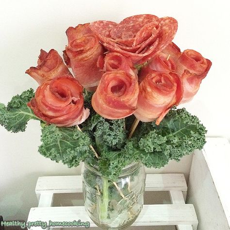 My bacon roses and salami rose bouquet. A birthday present for my hubby 😁 Salami Rose Bouquet, Salami Bouquet, Home Made Bacon, Bacon Bouquet, Strawberry Business, How To Make Salami, Pizza Roses, Salami Rose, Bacon Roses