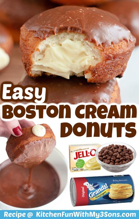 Homemade donuts are so easy to make with this delicious recipe for Boston Cream Donuts! The secret is using canned biscuit dough as the donut, then filling them with a rich but simple-to-make cream, and finally topping the donuts with a mouthwatering chocolate glaze. Cream Donut Recipe, Dj Board, Apple Biscuits, Boston Cream Donut, Canned Biscuit, Biscuit Donuts, Cream Donut, Chocolate Eclairs, Doughnut Recipe Easy