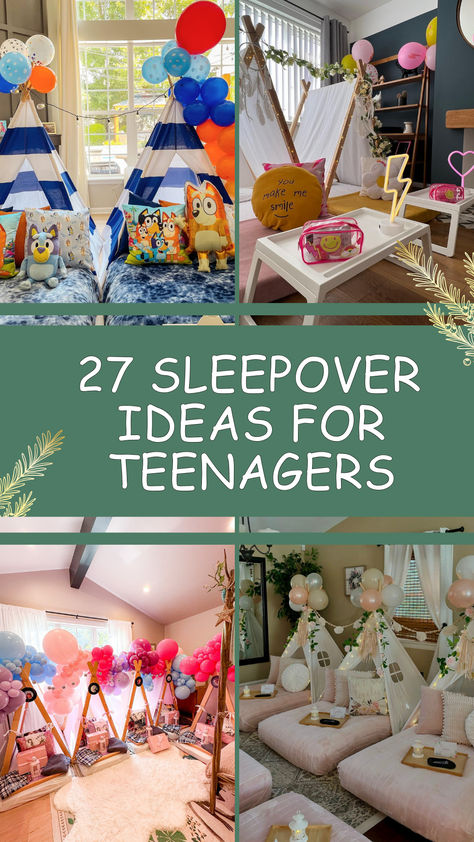 A vibrant collage featuring creative sleepover setups for teens. Showcases fun themes with teepees, balloons, fairy lights, and cozy bedding in bright and pastel colors, perfect for hosting unforgettable teenage sleepovers. Sleepover Ideas Sleeping Area, Cousins Sleepover Ideas, Movie Ideas For Sleepovers, Sleep Over Set Up, Teenager Sleepover Ideas, Teenage Sleepover Ideas, Sleepover Theme Ideas, 13th Birthday Sleepover Ideas, Sleepover Set Up Ideas Slumber Parties