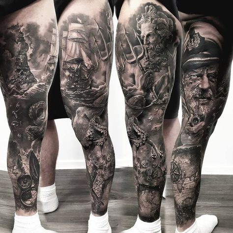 50+ Must Consider Leg Tattoos For Men In 2023 - InkMatch Pirate Half Sleeve Tattoo, Sea Themed Leg Sleeve, Nautical Leg Tattoo, Nautical Leg Sleeve Tattoo, Men Leg Sleeve Tattoo Ideas, Cliff Tattoo, Ocean Leg Sleeve Tattoo, Nautical Themed Tattoos, Pirate Tattoo Sleeve