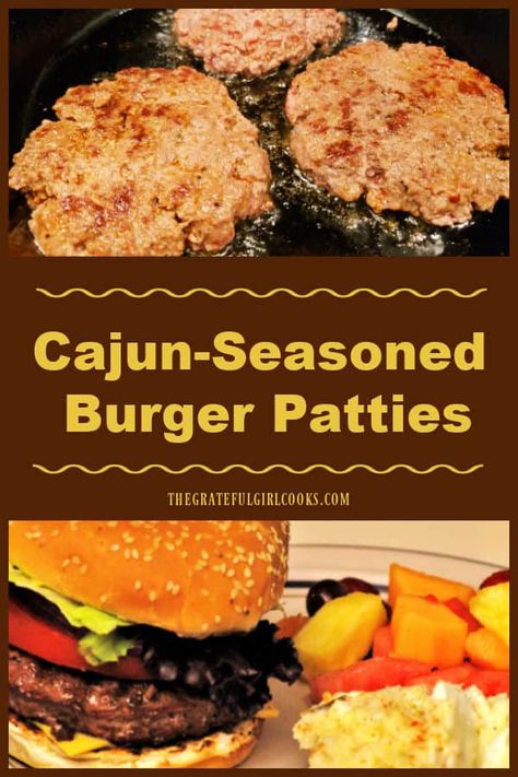 Cajun-Seasoned Burger Patties - The Grateful Girl Cooks! Cajun Burger Recipe, Cajun Burger, Cajun Chicken Burger, Chicken Burger Patties, Burger Patty Recipe, Easy Cajun, Juicy Hamburgers, On A Bun, Burger Seasoning