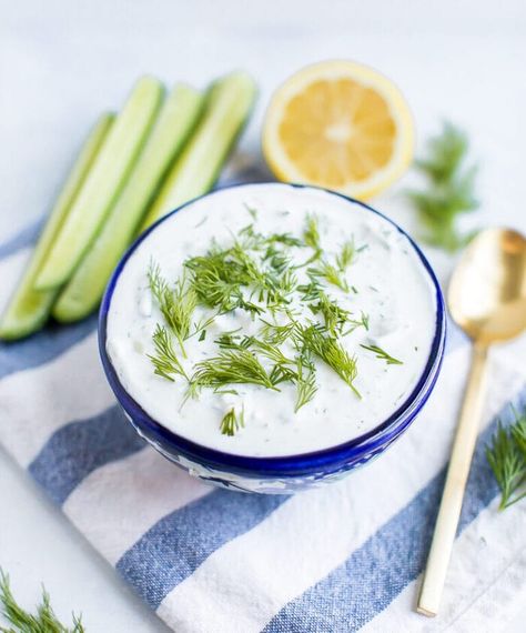 An easy and delicious tzatziki sauce recipe that is perfect for enjoying with fresh veggies, pita chips or in a Mediterranean bowl. #tzatziki #greek #mediterranean #greekyogurt #healthy #easy #recipe Yogurt And Cucumber, Easy Tzatziki, Mediterranean Bowl, Cucumber Dip, Cucumber Sauce, Yogurt Chicken Salad, Mediterranean Bowls, Tzatziki Sauce Recipe, Greek Yogurt Chicken