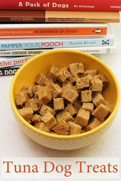 A yellow bowl full of dog treats, a stack of books about dogs behind. Tuna Dog Treats, Dog Birthday Cake Recipes, Tuna Dog, Dog Cookie Recipes, Birthday Cake Recipes, Soft Dog Treats, Pet Treats Recipes, Easy Dog Treat Recipes, Dog Biscuit Recipes