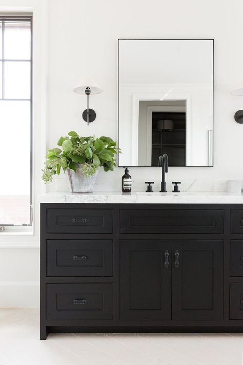 Seasonal Powder Room Prep - Studio McGee Black Vanity Bathroom, Black Vanity, Boys Bathroom, Studio Mcgee, Bath Room, Bathroom Renos, House Bathroom, Black Bathroom, Farmhouse Bathroom