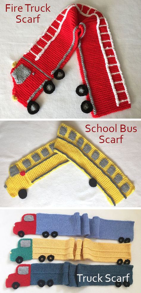 Novelty Scarf Knitting Patterns Trailer Truck, Woven Wrap, Handmade Knit, Scarf Knitting Patterns, Garter Stitch, Knitting For Kids, Fire Truck, Free Knitting Pattern, Drops Design