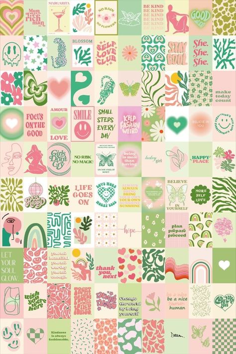 Aesthetic Wall Decor Bedroom, Room Decor Sage Green, Pink Aesthetic Wall Collage, Sage Green Prints, Pastel Room Aesthetic, Danish Pastel Room Decor, Room Decor Prints, Pastel Wall Decor, Green Prints